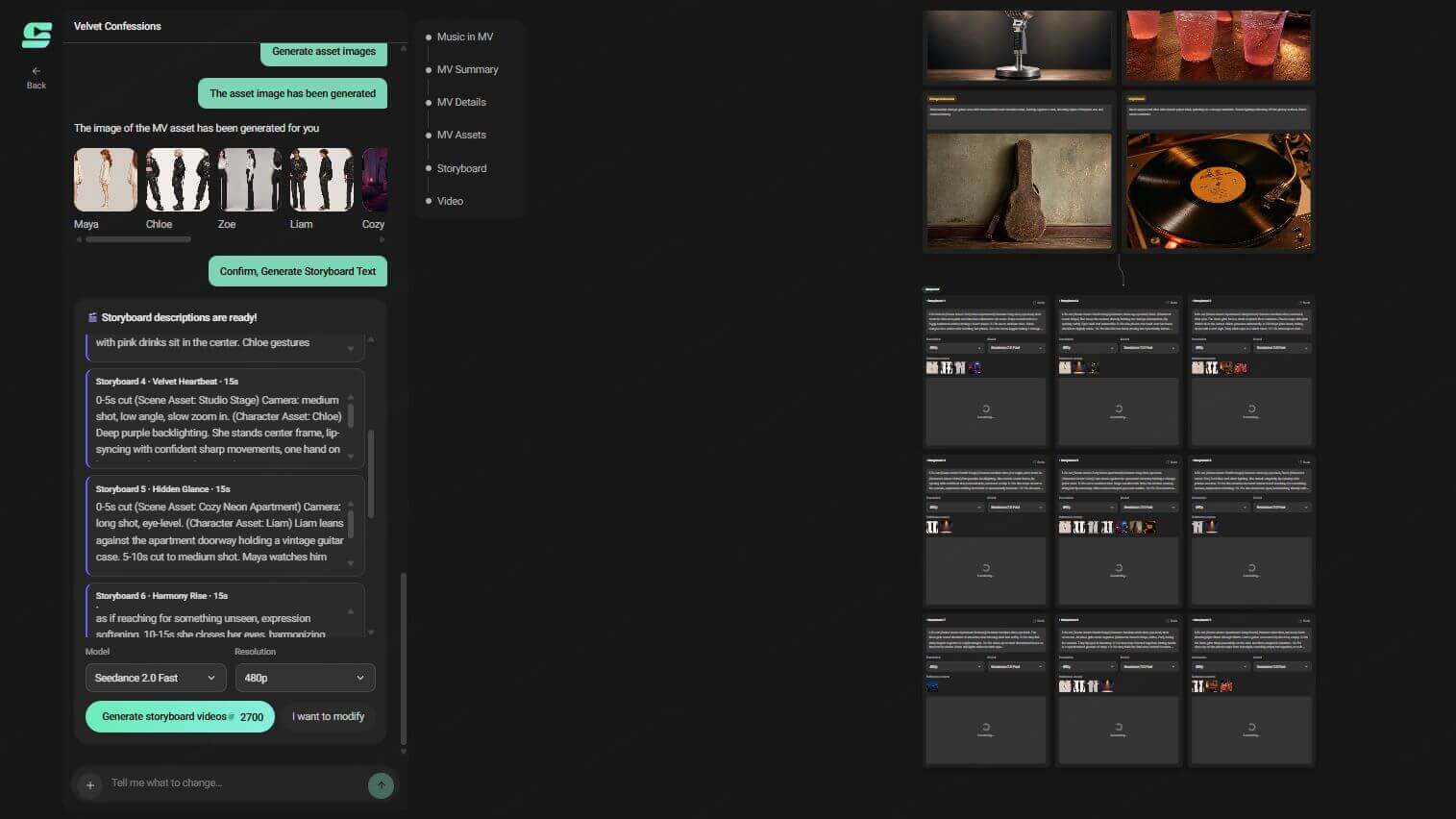 Lyrics organized into connected SoulVid storyboard cards before video generation