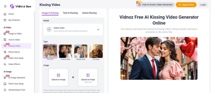 vidnoz ai kissing generator