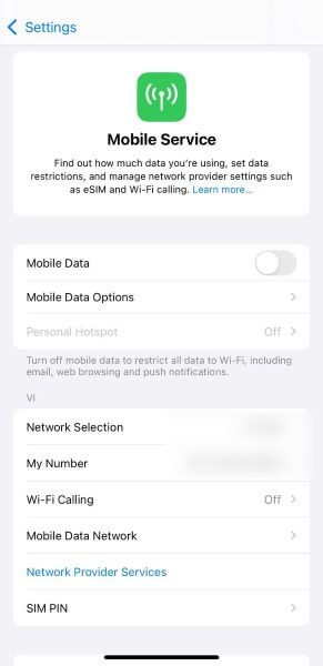 access the mobile service option in
    settings