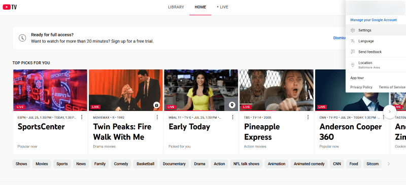 access youtube tv settings