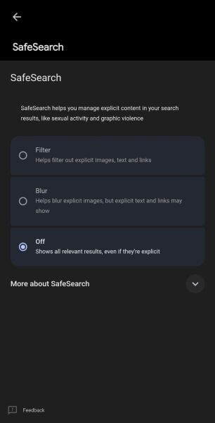select safesearch criteria