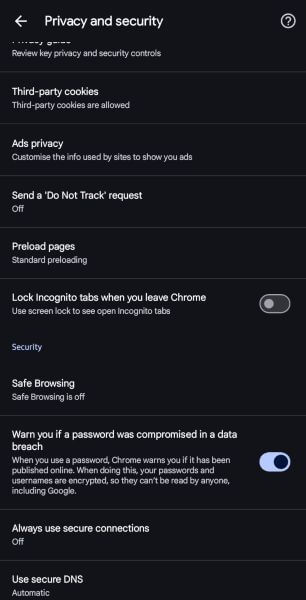 google chrome privacy and security
options