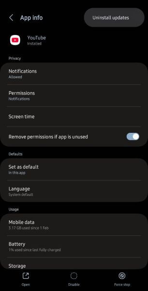 uninstall youtube updates