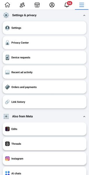 account settings page of facebook