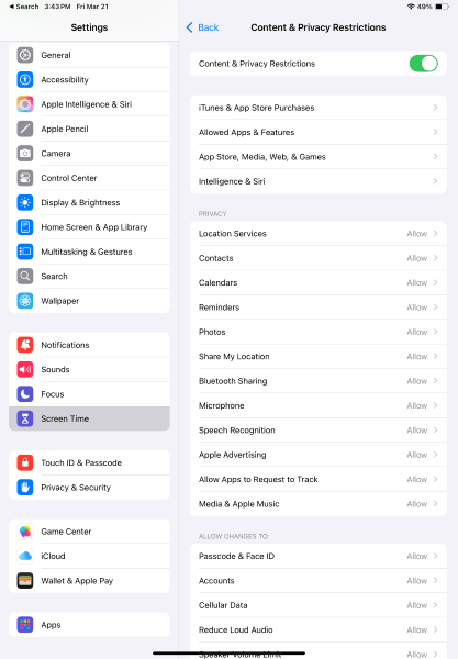 access content and privacy restrictions