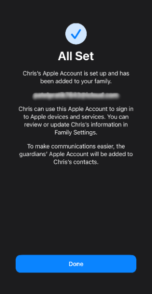child’s account created