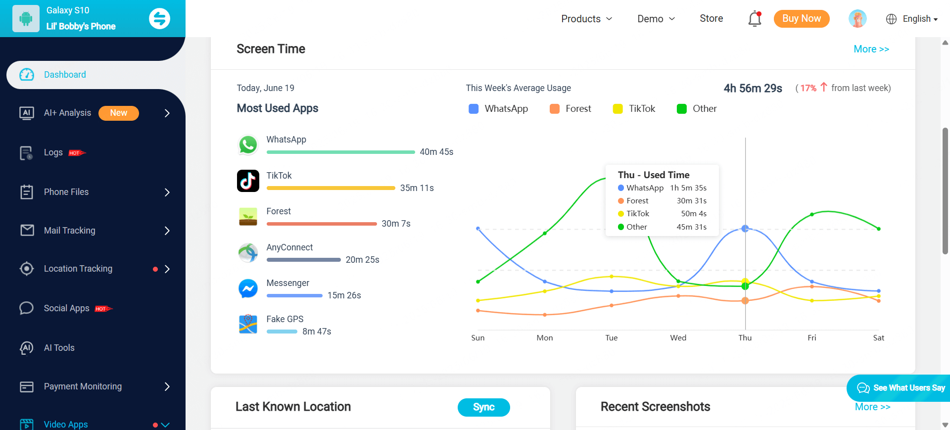 kidsguard pro demo dashboard