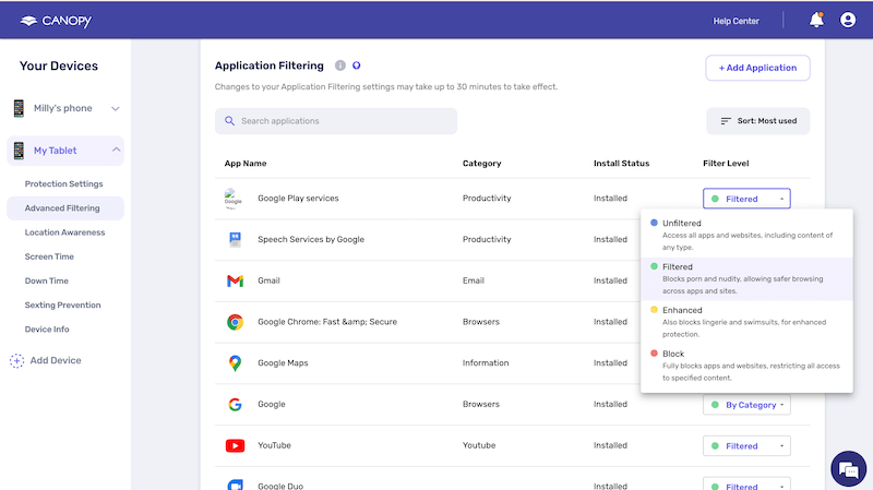 application filtering