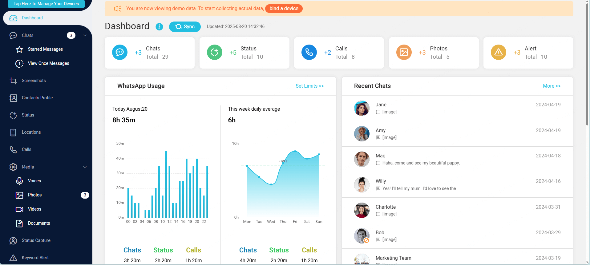 dashboard of kidsguard for whatsapp