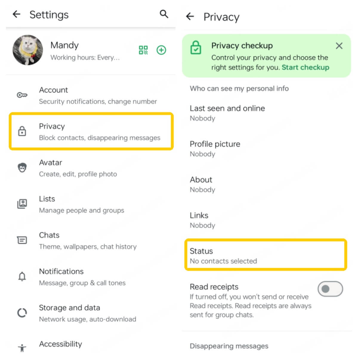 restricting visibility of status on whatsapp