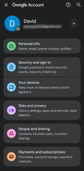 personal info in google account settings