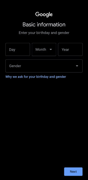 enter your birthday and gender