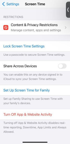 turn off app and website activity in
    screen time