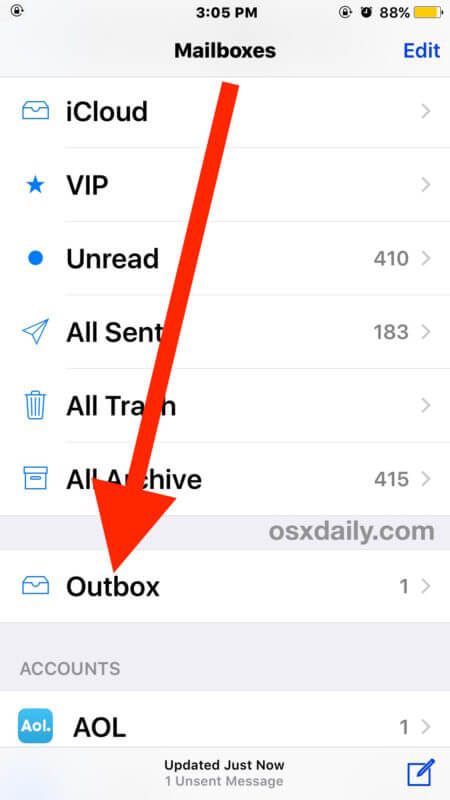 using the outbox feature on iphone