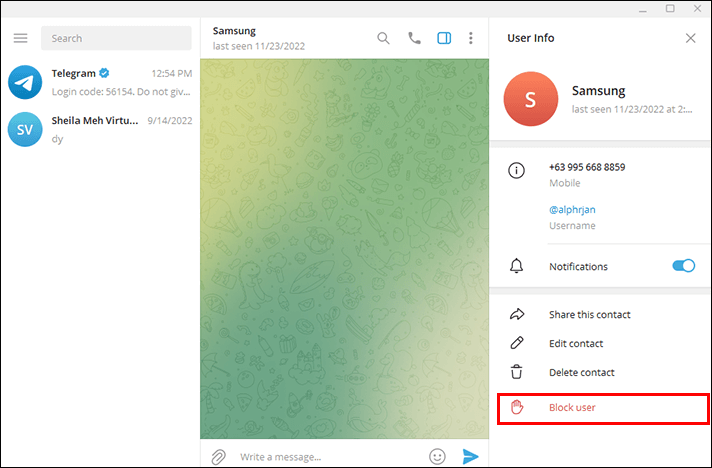 how do you block someone on telegram on desktop