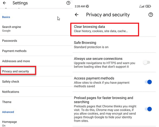 android chrome clear browsing data