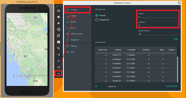 mock location by Android studio Emulator