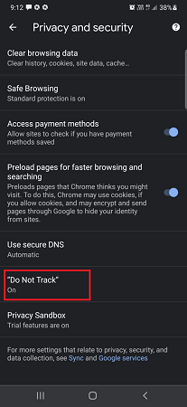 chrome app do not track option
