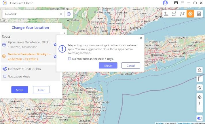 haz clic en mover para simular ubicación