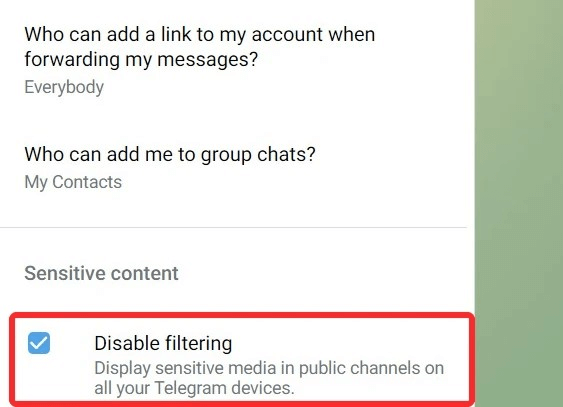 disable filtering on telegram
