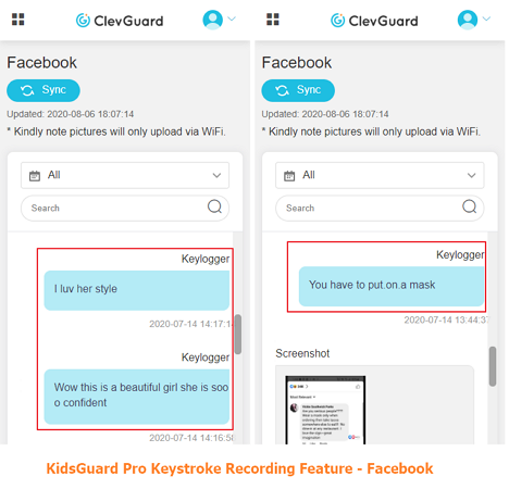 Kidsguard Pro Tastenanschlagsaufzeichnungsfunktion für Facebook 