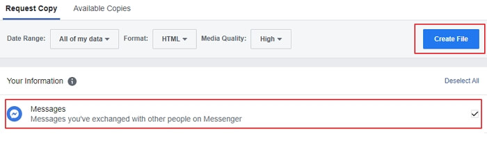 request a copy of facebook messages