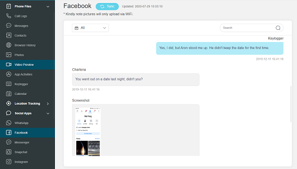 monitor facebook messages via kidsguard pro online dashboard