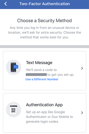 facebook two factor authentication options