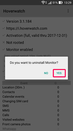 hoverwatch uninstall dialog