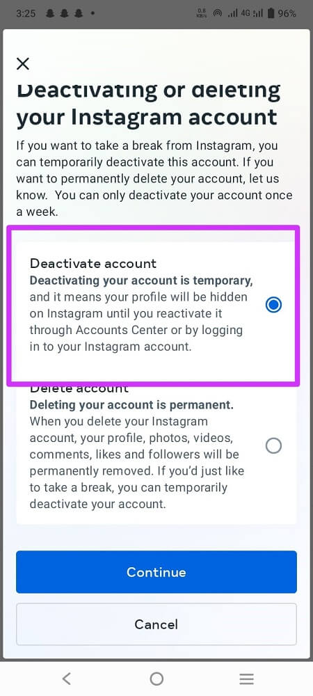 delete an Instagram account temporarily