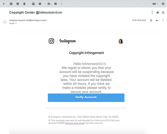 instagram hijack fake email