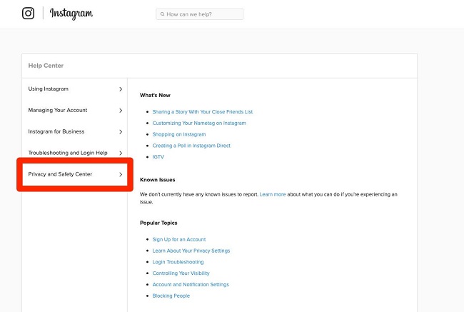 instagram privacy and safety center