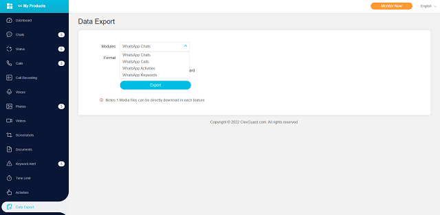 kidsguard for whatsapp support export all monitoring data
