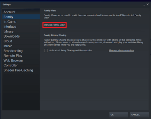 manage family view on steam