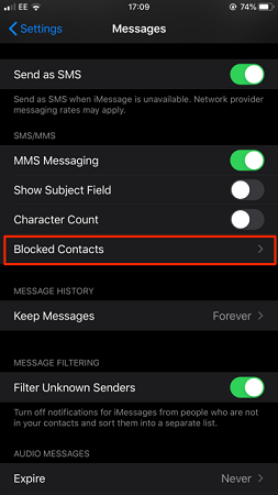 messages blocked contacts