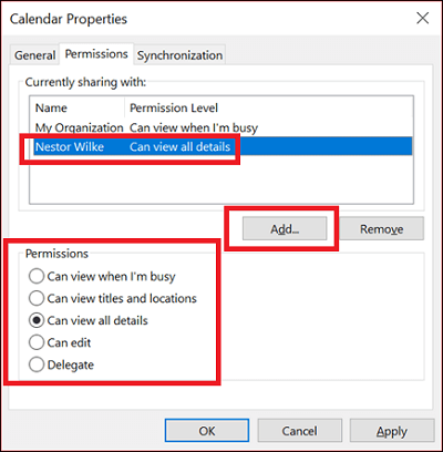 outlook calendar properties