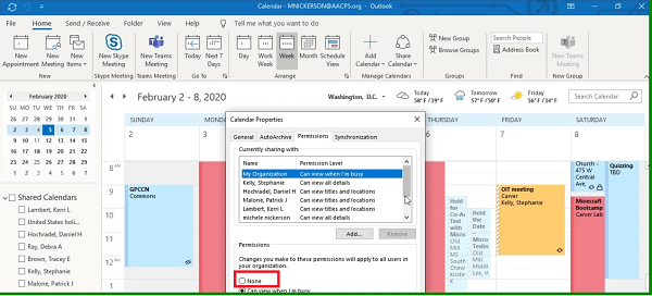 outlook unshared calendar