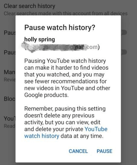 pause watch history on mobile