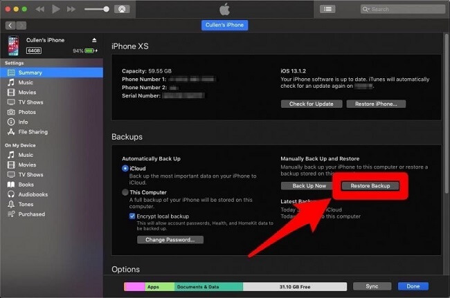 recover with itunes restore backup