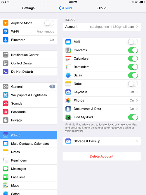 settings icloud