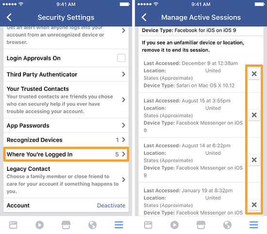 sign out of all active facebook sessions