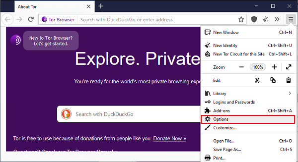 tor browser option