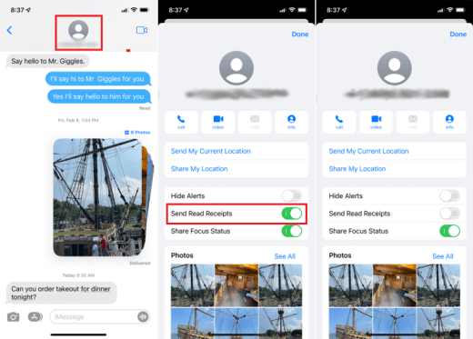 turn off read receipts for specific contacts imessages