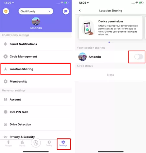 turn off location sharing life360