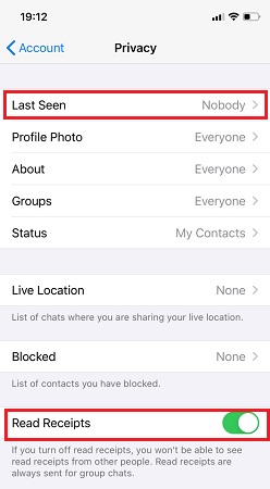disable read receipts and last seen on whatsapp
