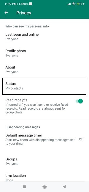 whatsapp status setting