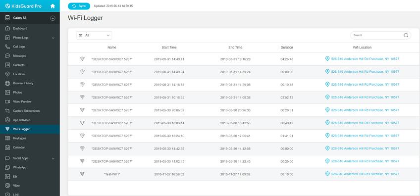 the wi-fi logger tracking of kidsguard pro