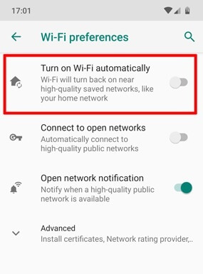 wifi turning on automatically android