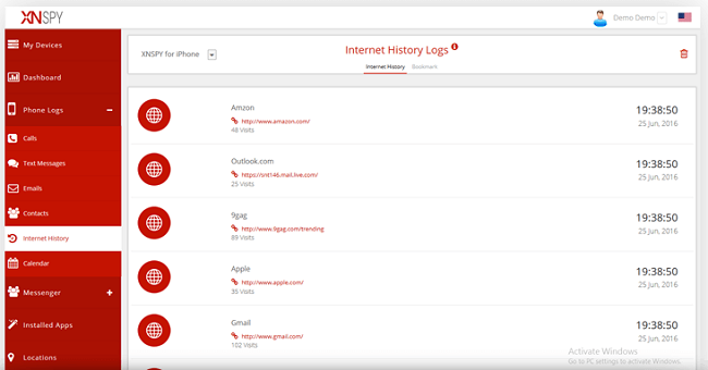 xnspy tracking browsing history online dashborad