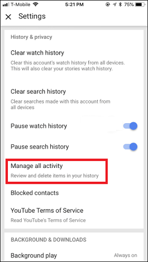youtube app manage all activity